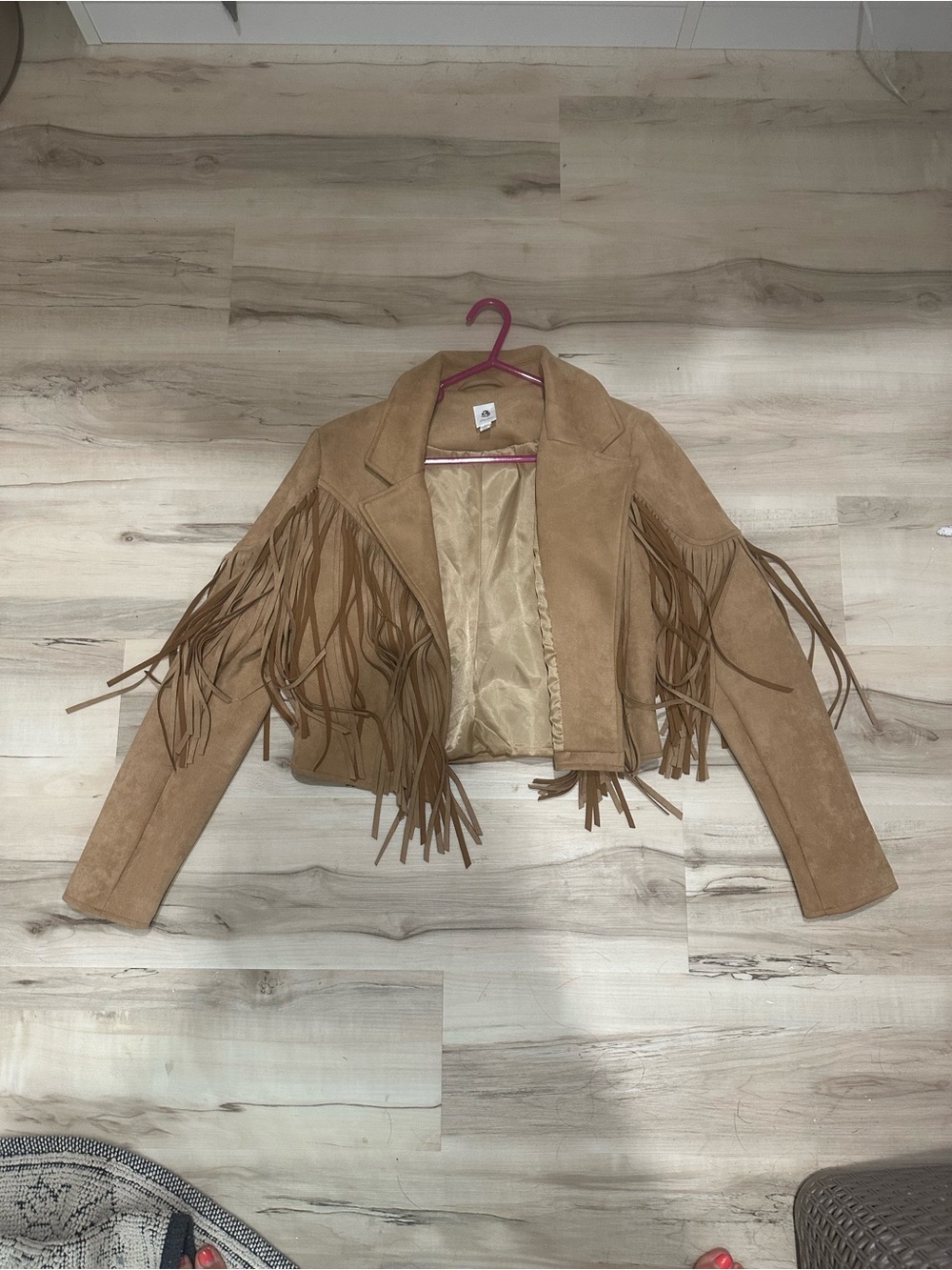 Fringe Cropped Suede-Style Jacket in Tan